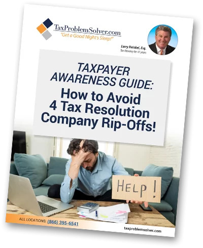 Taxpayer awareness guide cover featuring a distressed individual holding a "Help!" sign, emphasizing tax resolution and avoiding rip-offs, aligned with Tax Problem Solver services.